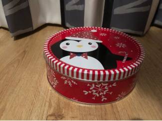 Blikken Koektrommel kerst pingu&iuml;n koek trommel leeg rood zwart wit