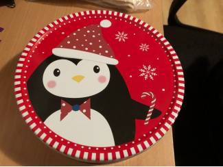 Blikken Koektrommel kerst pinguïn koek trommel leeg rood zwart wit