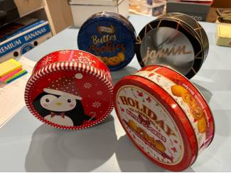 Blikken Koektrommels rond koek trommel diverse opdrukken 4 stuks