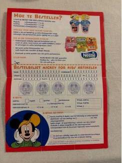 Merken en Reclamevoorwerpen Nestlé bestelbiljet Mickey for kids artikelen 1998 nestle