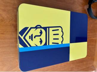 Blikken Blik Roka groot blik rechthoekig blauw geel bakker