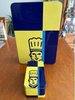 Blikken Blik Roka klein rechthoekig met reli&euml;f blauw geel bakker