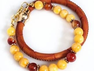 Armbandenset van natuursteen en leer