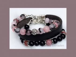 Armbandenset van natuursteen en leer