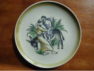 Wandbordje Barmhartige Samaritaan met ezeltje Bijbel verhaal