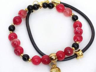 Armbandenset van natuursteen en leer