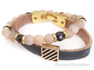 Armbanden Armbandenset van natuursteen en leer