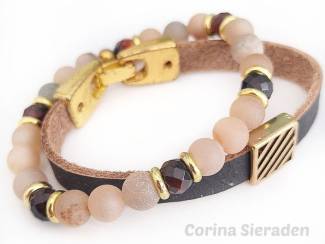 Armbandenset van natuursteen en leer