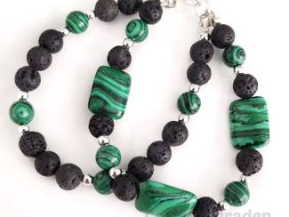 Dubbele armband van malachiet, lavasteen en hematiet