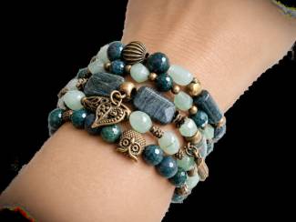 Armbanden Armbandenset 5-delig van mosagaat, aventurijn en brons