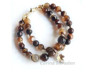 Armbanden Dubbele armband van striped agaat en vergulde accenten