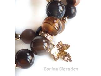Armbanden Dubbele armband van striped agaat en vergulde accenten