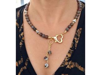 Ketting van lepidoliet, agaat en vergulde accenten